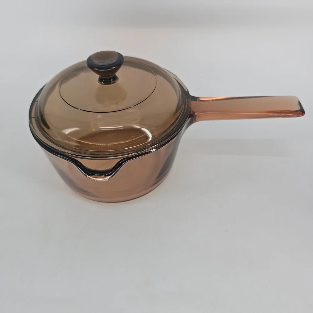 Visions Corning USA Amber Glass Saucepan with Lid Pour Spout Vintage Cookware